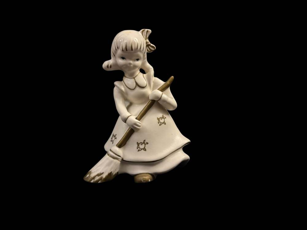 Vintage Porcelain Figurine Granterest Japan Girl With Broom Gold Stars on Dress